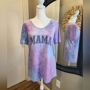 Tie-Dye "MAMA" Short Sleeve V-Neck Top - Pastel Purple & Blue